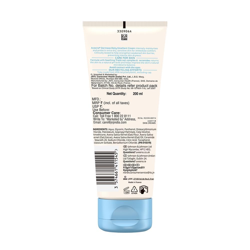 Aveeno Dermexa Daily Emollient Cream (1x 500ml), Emollient Cream Enriched with Triple Oat Complex and Ceramides for Sensitive Skin, Soothing Relief from Itchy, Dry Skin Prone to Eczema