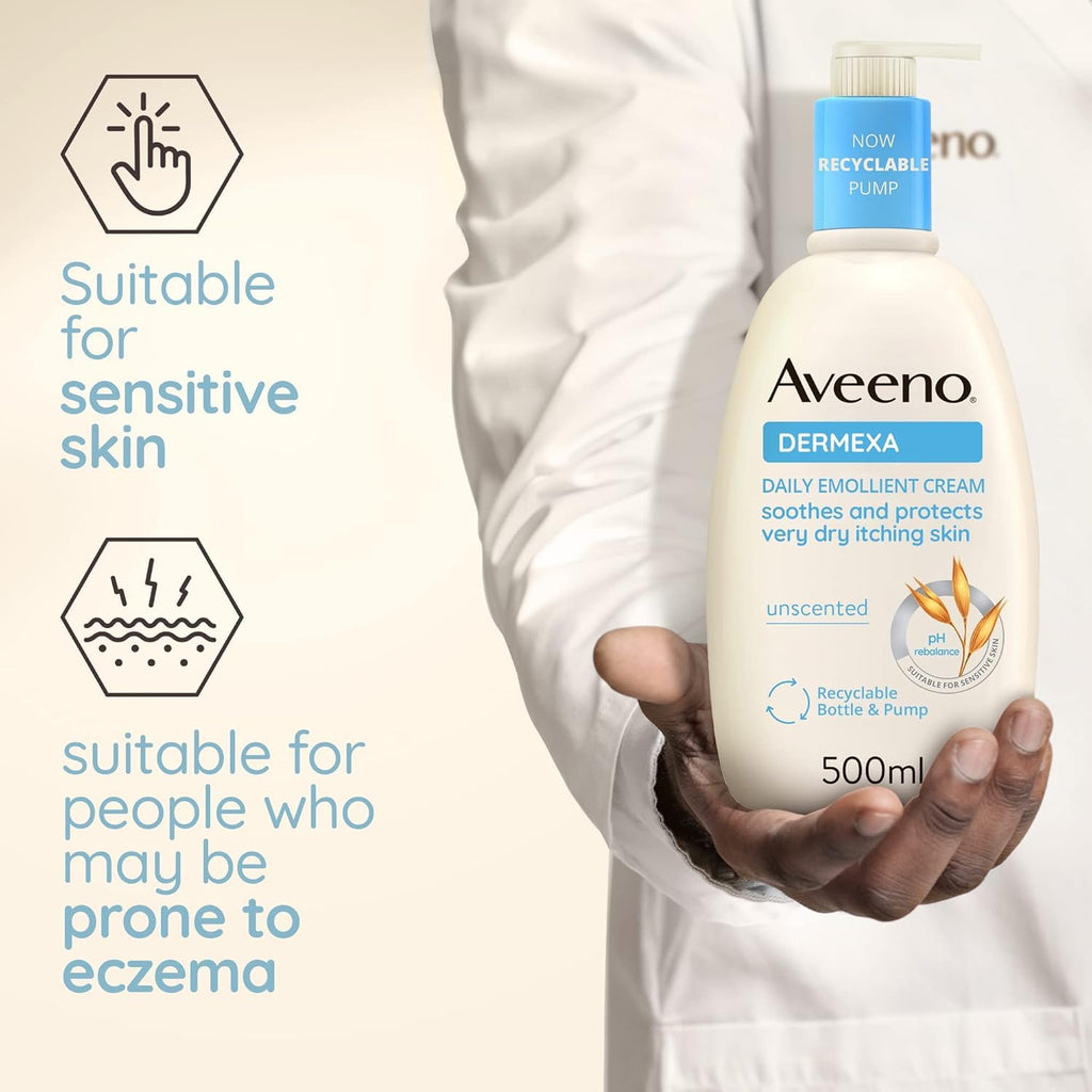 Aveeno Dermexa Daily Emollient Cream (1x 500ml), Emollient Cream Enriched with Triple Oat Complex and Ceramides for Sensitive Skin, Soothing Relief from Itchy, Dry Skin Prone to Eczema