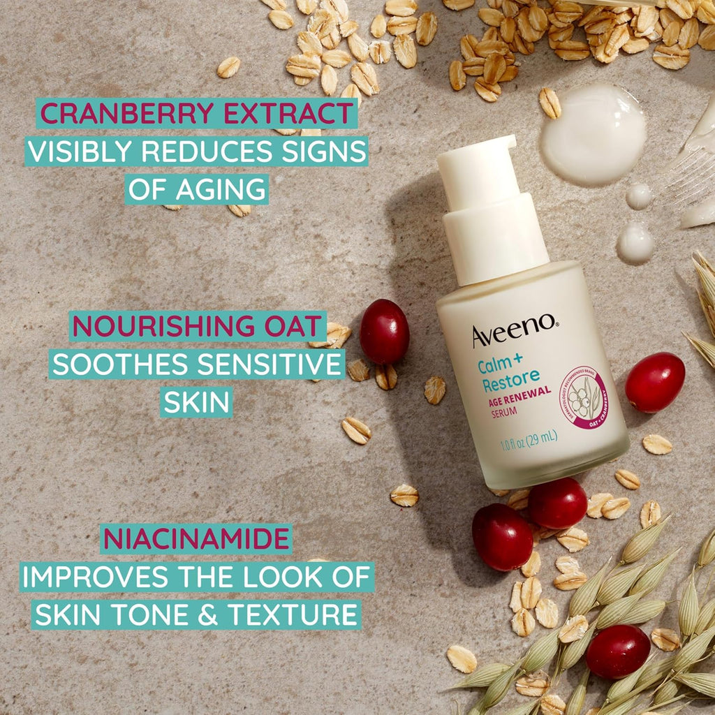 Aveeno Calm + Restore Age Renewal Anti Ageing Serum with Nourishing Oatmeal and Blueberry Extract Visibly Improves the Look of Fine Lines, Unscented